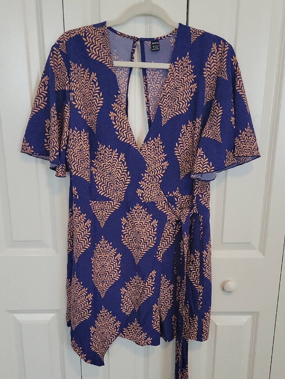 Blue Mini Wrap Dress with Peach Leaf Print